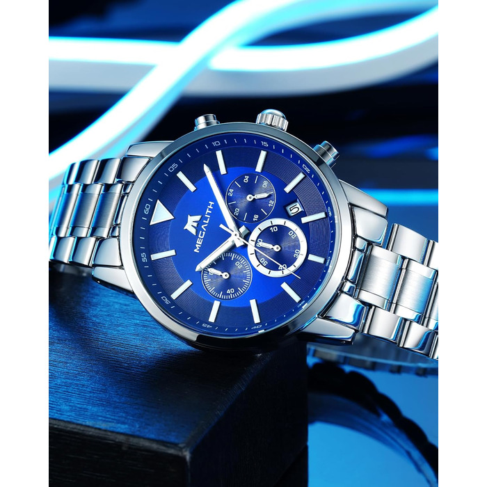 Чоловічий годинник MEGALITH з нержавіючої сталі, хронограф, водонепроникний, з великим циферблатом, датою, для роботи та відпочинку. Стильний подарунок для чоловіків (8345 Silver Blue)