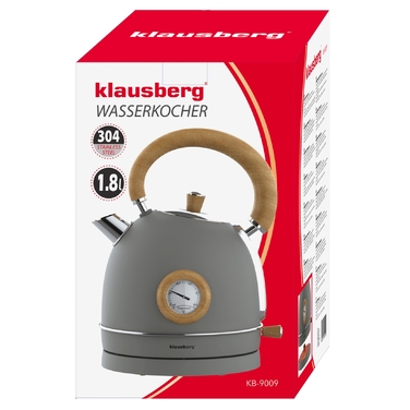 Електричний чайник Klausberg KB-9009 RETRO, 1.8 л, сталь 304, сірий з дерев'яними елементами