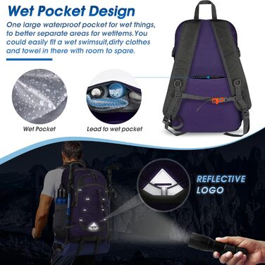 IGOLUMON Hiking Backpack for Men and Women, 40L Waterproof Backpack, Lightweight Foldable Travel Backpack, Trekking Backpack with Reflective Stripes, for Cycling, Climbing, Mountaineering and Travel Sports (Purple)