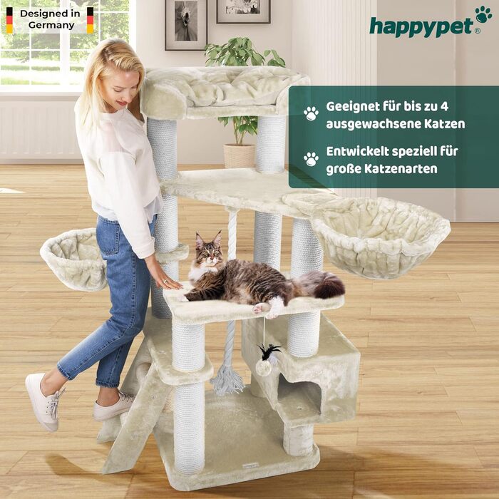 HAPPYPET Драбина для котів Якоб XXL - велика, стабільна, з сизалевими стовпами, товста платформа, для великих порід (кремовий)
