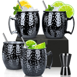 Набір кухлів Moscow Mule 550 мл, 4 шт, чорний глянцевий, з трубочками та мірним стаканом для коктейлів, пива, джину, горілки, води, холодних напоїв