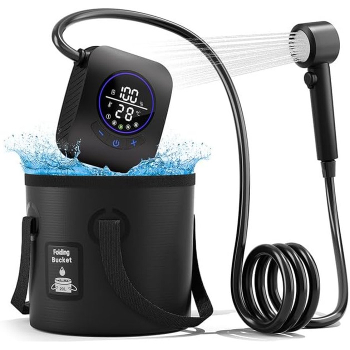Митрікс Душ для кемпінгу портативний, 8000mAh з індикатором температури, 19 л, складаний відро, для кемпінгу, подорожей, саду, піших прогулянок, миття авто (чорний)