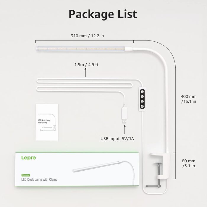 LED лампа для столу Lepro з кріпленням, архітектурна лампа з регульованим підсвічуванням, захист очей, USB, 3 кольори та 10 рівнів яскравості, для офісу
