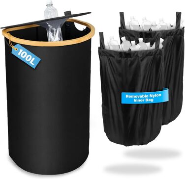 Deposit bottle collection container with lid & 2 removable carry bags, large deposit bottle storage, container for empties & glass recycling, kitchen pantry bottle bag (100L)