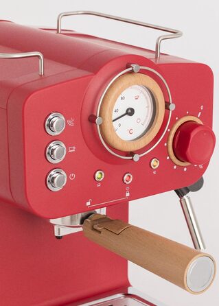 CREATE / THERA MATT RETRO /Espresso Machine Cream White Matt and Wood /Semi-Automatic, with a 15 bar pressure pump and 1100W, 1.25L water tank, for ground coffee, 55 mm. ESE pods (Rot Matt - Wood)