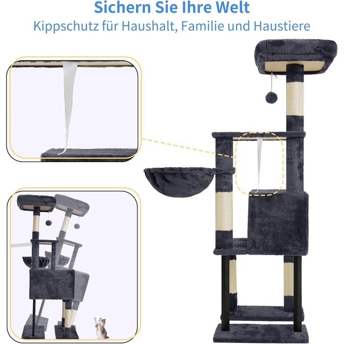 Котячий будиночок Heybly Kratzbaum HCT200SW (Сірий) - 125 см, з печерою, стійка, платформа, кошик