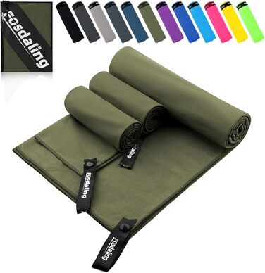 Набір з 3 рушників з мікрофібри (великий 160x80 см та 2 маленькі 80x40 см), швидковисихаючі рушники для фітнесу та спорту, для пляжу, ванни, спорту та подорожей (армійний зелений)