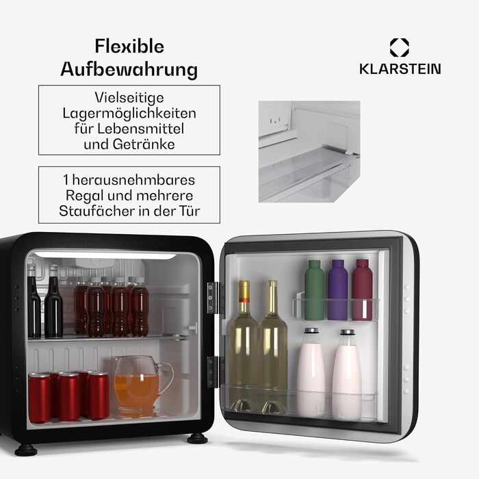 Klarstein Mini Fridge with Freezer Compartment - 32L Compact Refrigerator for Drinks & Cosmetics, Retro Mini Bar, Quiet Small Fridge, Skincare Fridge for Room (43L, Energy Class E, Black)