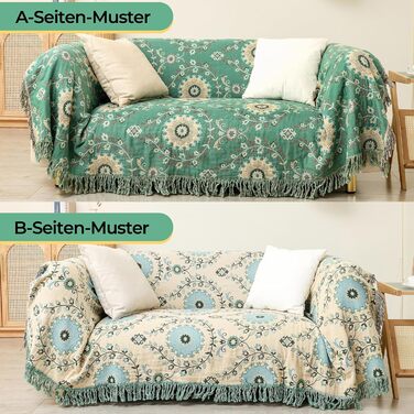 HOORDRY Reversible Boho Daybed Cover with Tassels, 230x250CM, 100% Cotton Woven Throw Blanket, Couch Throw, Living Room Throw, Reversible Throw, Cozy Blanket, Sofa Blanket, Armchair Blanket with Pattern, Sunflowers, Green/Beige Sunflower 230×250CM