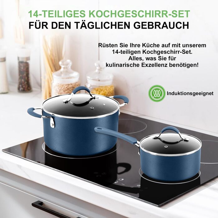 NutriChef 14-Piece Induction Cookware Set & Frypan Set, PFOA/PFOS-Free, Non-Stick Coated, Cookware Set, Pots & Pan Sets, Aluminum with Stainless Steel Edges – Cookware Set for all Blue Heat Stoves