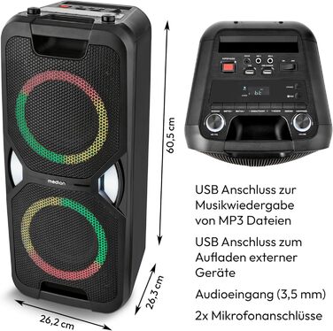 MEDION PE-1 Pure Partybox: портативна Bluetooth колонка з мікрофоном, світлові ефекти, караоке, AUX, USB, радіо, 250 Вт (25 Вт RMS)