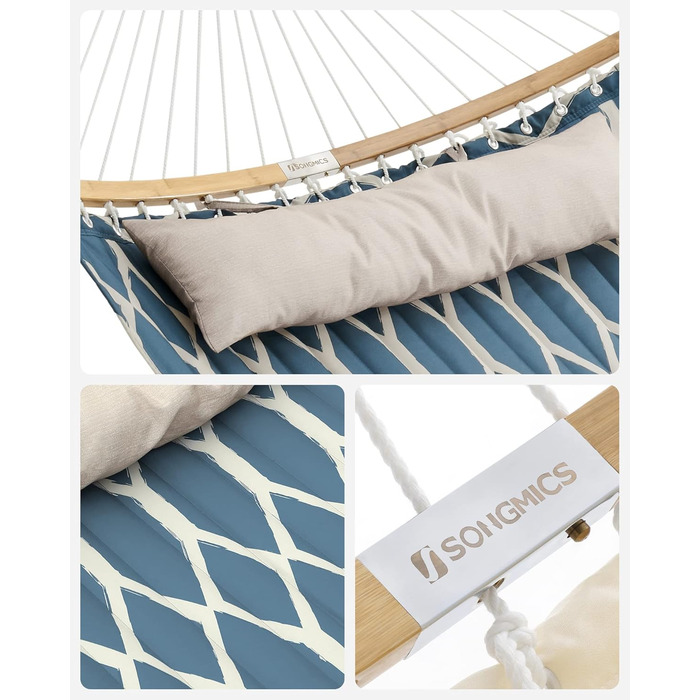 Гамак SONGMICS з підкладкою та подушкою, 200x140 см, бамбукові дуги, до 225 кг, сірі та бежеві ромби