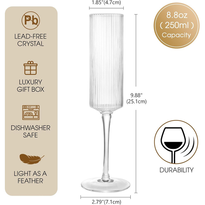 Набір келихів для шампанського Qulable (4 шт.) - елегантні келихи для шампанського, просекко, подарунок на заручини, весільний подарунок, келихи для шампанського Edge для жінок, чоловіків, річниця, день народження (4 шт., смугастий)