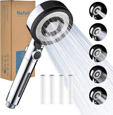 Nafall Shower Head with Filter - High Pressure Handheld Shower Head with Water Saving Design and 1.5M Hose, Shower Head with 5 Spray Patterns and Stop Function, Shower Head with Hose, Chrome (Chrome with 4 Filters)