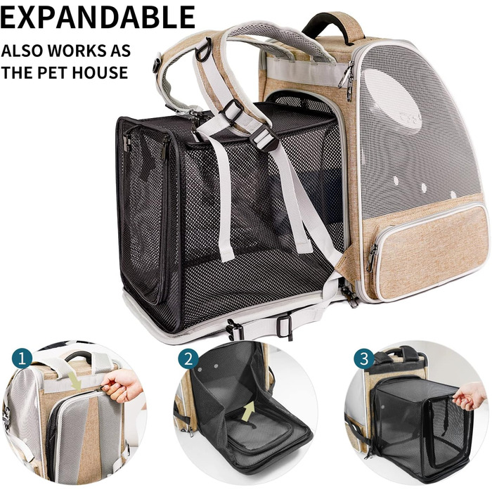 Рюкзак-переноска для котів та собак PENCCOR, розширюваний, для подорожей, дихаючий, великі коти, маленькі собаки, бежевий
