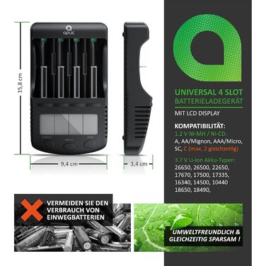 Зарядний пристрій CSL для акумуляторів AA, AAA, 18650 з LCD-дисплеєм та USB-портом