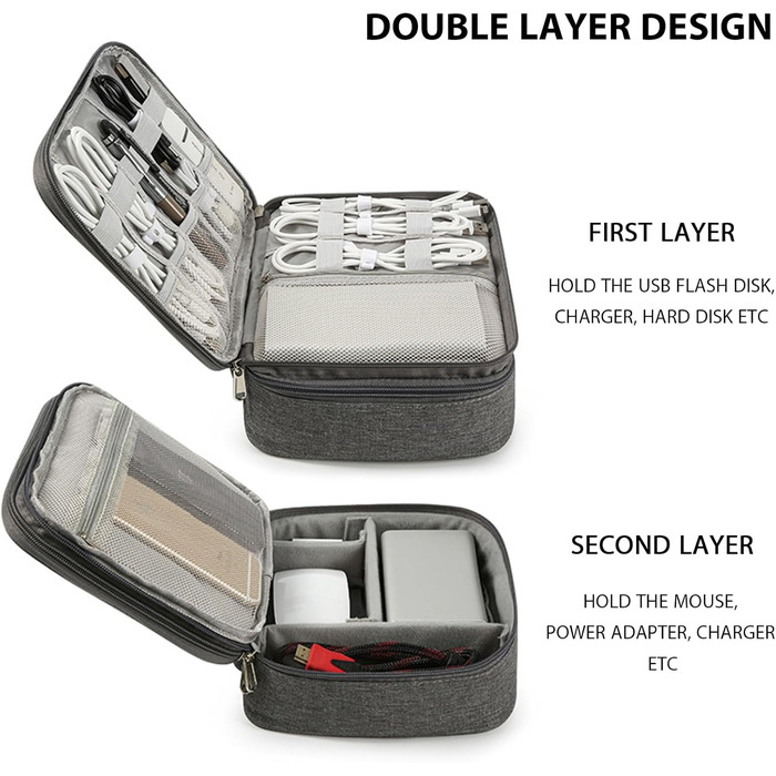 Органайзер для кабелів Neusid: водонепроникна сумка-організатор для подорожей, 3 відділення, для USB-кабелів, Power Bank, сірий