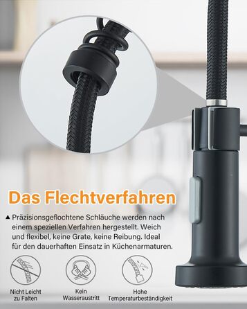 Кухвонний змішувач Hbronzeshower з висувною лійкою, 360° поворот, нержавіюча сталь, чорний