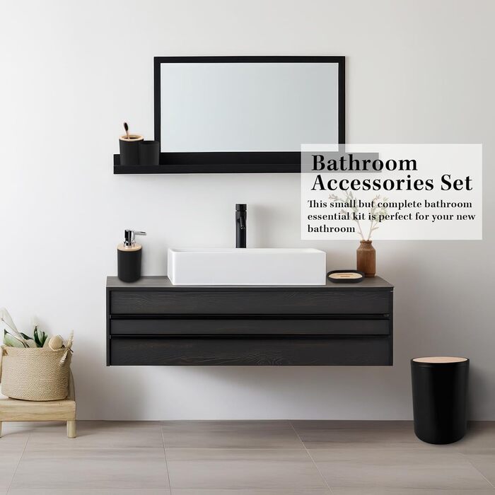 Набір аксесуарів для ванної кімнати Britimes, чорний: шторка для душу, відро, дозатор мила, тримач для унітазу, тримач для зубних щіток та стаканчик для зубних щіток