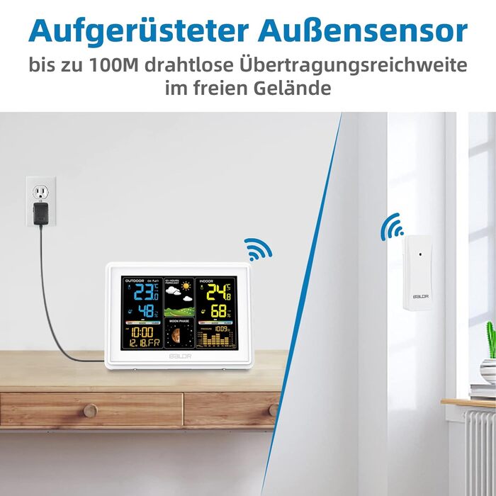 BALDR Weather Station Radio with Outdoor Sensor, Digital Color Display DCF Radio Clock Indoor and Outdoor Thermometer Hygrometer, Radio Weather Station with Weather Forecast, Barometer and Moon Phase, Power Adapter White - with white sensor