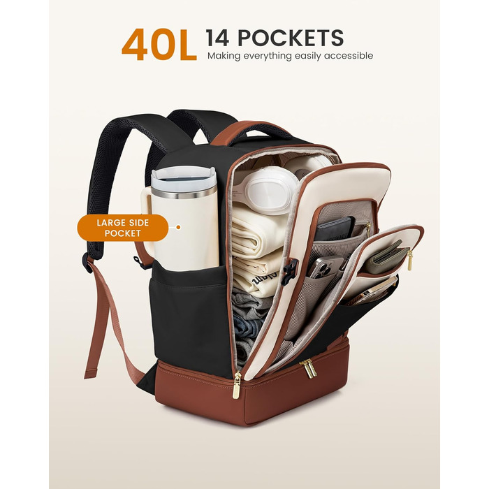 LOVEVOOK Рюкзак для ручної поклажі 40L з окремим відділенням для взуття, рюкзак-валіза для подорожей, жіночий, з відділенням для мокрого та сухого, 3 шт. (Бежевий, Зелений, Чорний, Білий, Коричневий)