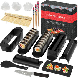 Набір для приготування суші Ninger Sushi Maker Set Deluxe Edition: 20 предметів для початківців з роликом, формами для ролів, ножем та палочками – повний комплект (чорний)