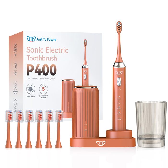 Електрична звукова зубна щітка JTF з УФ-дезінфекцією та сушінням, бездротова зарядка, 5 режимів чищення, 6 насадок, стаканчик для полоскання, акумуляторна для дому та подорожей (Помаранчева)