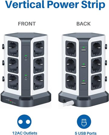 Блок розеток KOOSLA з USB-C, 12 розеток, 3680W/16A, захист від перенапруги (1500J), індивідуальне вмикання, сірий колір, 5м кабель, 65W PD USB-C, 2м