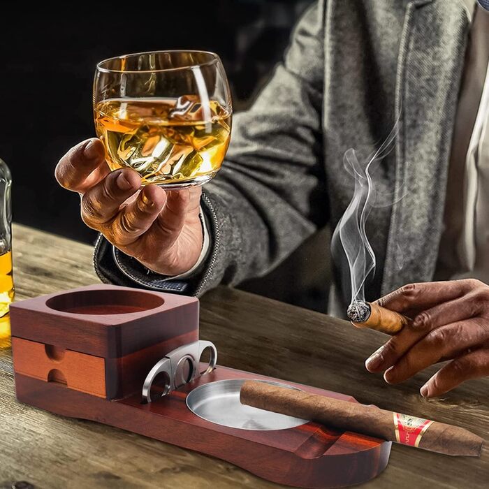 Wood Cigarette Ashtray Whiskey Coasters - Crefun CK2631 cigar accessories for men Whiskey cigar gift set, with removable ashtray drawer, cigar cutter and 2 cigar holders with drawer