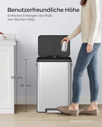 Відро для сміття SONGMICS 40 л з кришкою, педальним механізмом, Soft-Close, утримуванням кришки, срібне, LTB541E40