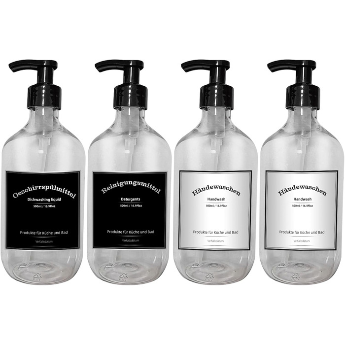 Набір дозаторів для мила з пластику, 4 шт, 500 мл з етикетками, набір помпових флаконів для ванної кімнати, флакон для шампуню (500 мл, прозорий)