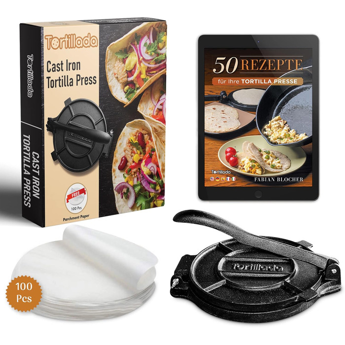 Пресс для тортилій з чавуну Tortillada + Е-book з рецептами + 100 листів пергаментного паперу (25 см)
