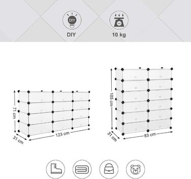 SONGMICS Plastic Shoe Rack, Shelf System, Plug-in Shelf, Storage Shelf, Wardrobe, Shoe Storage, Metal Wire, 83 x 31 x 105 cm, White LPC26W