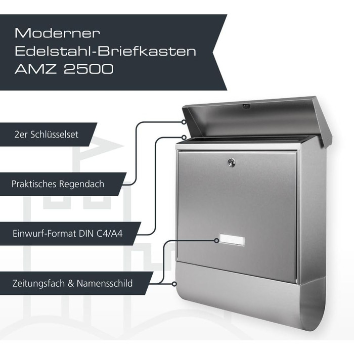 Поштова скринька Burg-Wächter з газетницею та табличкою для імені, нержавіюча сталь, формат DIN C4, 2 ключі, AMZ 2500 NI