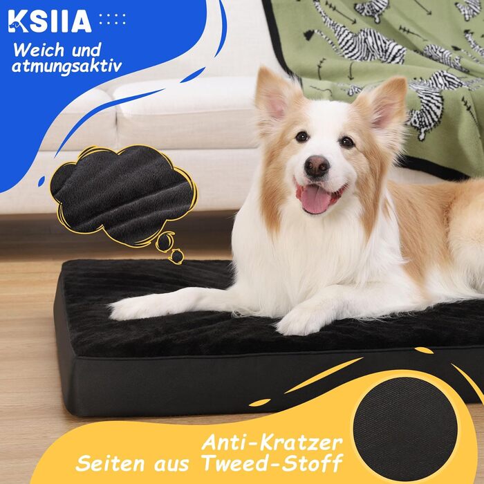 KSIIA Orthopedic Dog Bed for Large Dogs, XL Washable Dog Cushion Fluffy Dog Mat Dog Mattress with Removable Cover in 105x70x8cm (L 105 x W 70 x H 8 cm, Black)