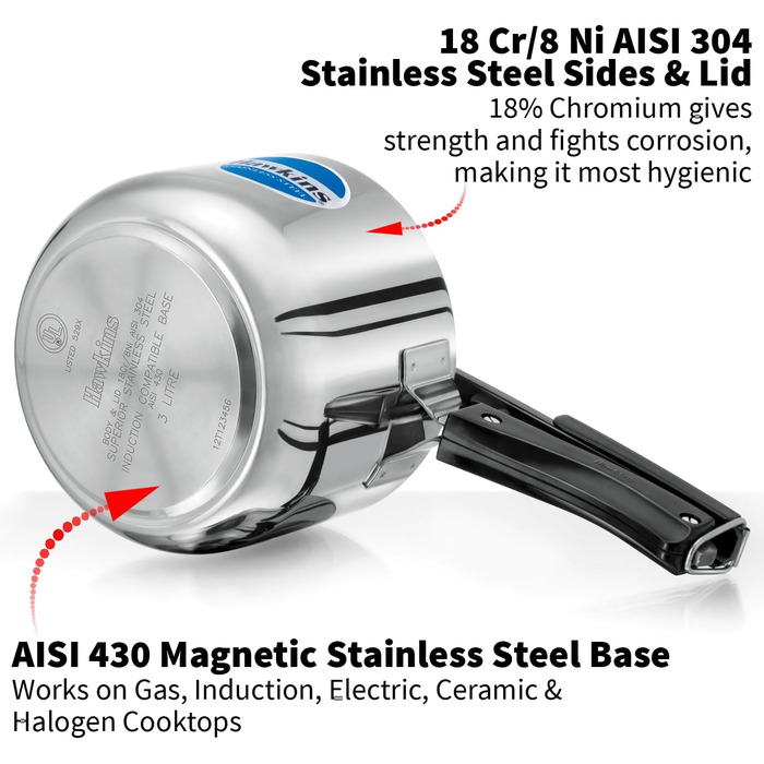 Hawkins Modell B 3 33 Hard Shell Cover L High Stainless Steel Pressure Cooker, small, silver