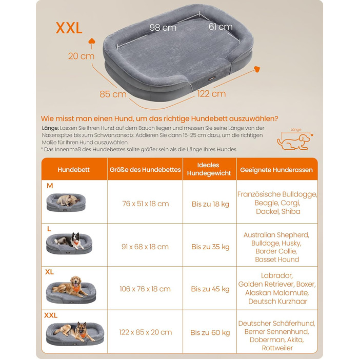 Ліжко для собак Feandrea, ортопедичне, велике, 122 x 85 x 20 см, водонепроникне, знімний чохол, сіре