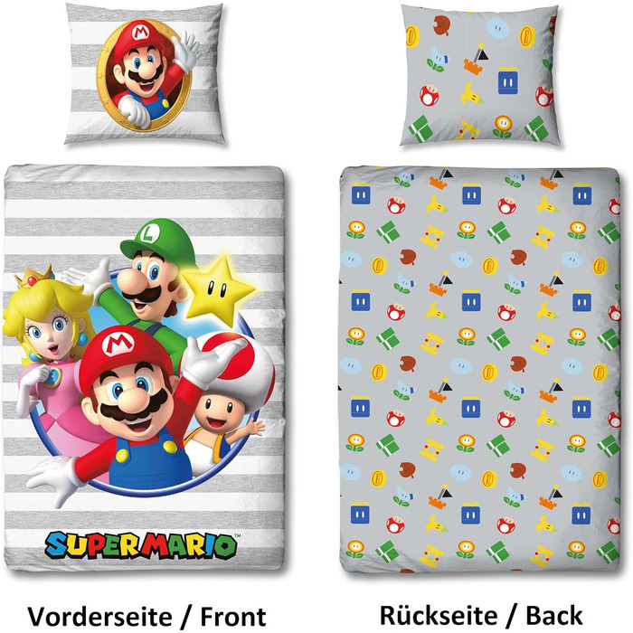 Комплект постільної білизни Kinder Super Mario для хлопчика 135x200/80x80 см, 100% бавовна, з блискавкою, з принтом Маріо, Луїджі, Піч та Стар
