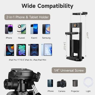 Штатив для камери JOILCAN 210.8 см: легкий трипод для смартфона, камери та селфі-палки з кульковою головкою 360° та пультом дистанційного керування. Алюмінієвий штатив з триножиною для Canon, Nikon, DSLR. Чорний.