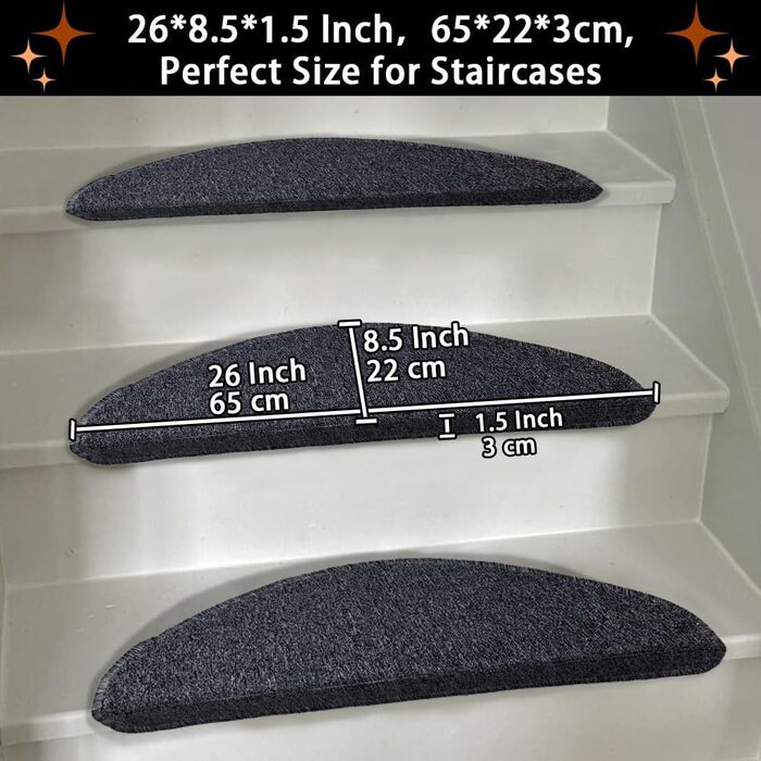 Rina Non-Slip Stair Treads - 22x65 cm - 15 Piece Set - Dark Grey Adhesive Anti-Slip Carpet for Wooden Stairs - Indoor Safety