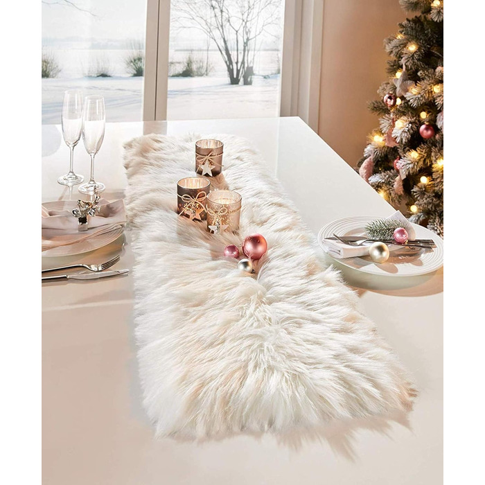 Table runners, faux fur, sizes and variations, tablecloth, center table runner (cream white, 30x120 cm)