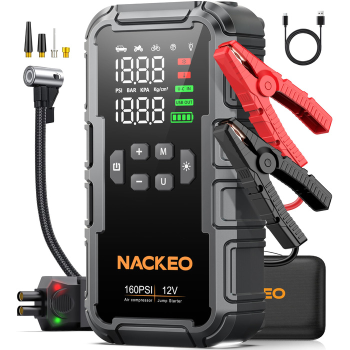 Powerbank для автомобіля з компресором 160PSI та пусковим струмом 12V (бензин/до 12L дизель) з LED-ліхтарем та LCD-дисплеєм