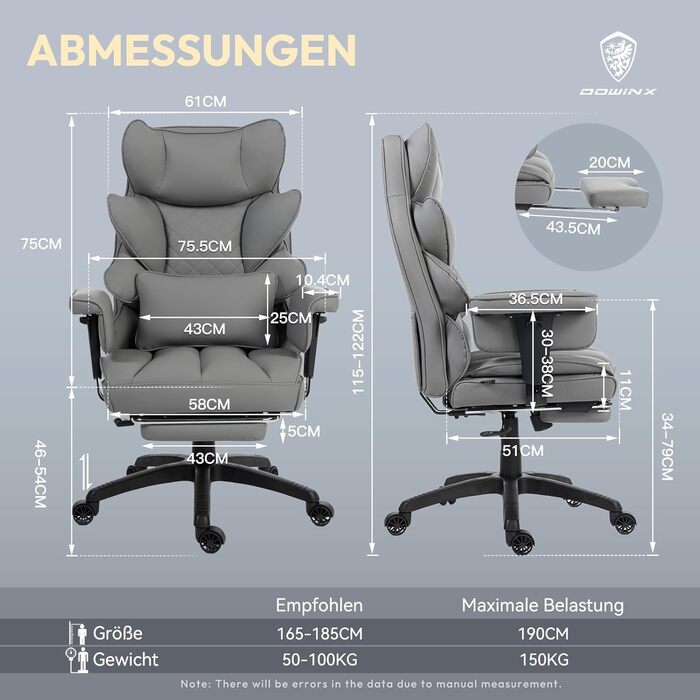 Ігровий крісло Dowinx, ергономічний офісний крісло з кишеньковим пружинним подушками, крісло для начальника з двошаровою м'якою спинкою та регульованою поперековою подушкою, підлокітниками та підставкою для ніг, комп'ютерне крісло, PU, сірий