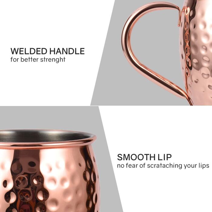 Moscow Mule Copper Mug Set, Handmade, Food-Safe, Copper Mug for Moscow Mule Cocktail, 473 ml, Gift Set with 1 Shot Glass, 4 Straws, and 4 Coasters, 4 Pieces