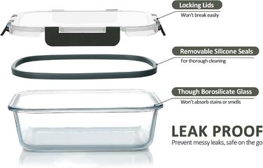 Набір скляних контейнерів MCIRCO 30 шт. (15 контейнерів + 15 кришок) - прозорі кришки, BPA free, для дому, кухні, ресторану (сірий)
