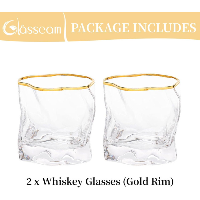 Набір склянок для віскі з нерівними гранями, 2 шт. Об'єм 250 мл. Стильні келихи для скотчу, бурбону, рому. Ідеальний подарунок для тата, чоловіка, друзів. Золотий край, прозорі.