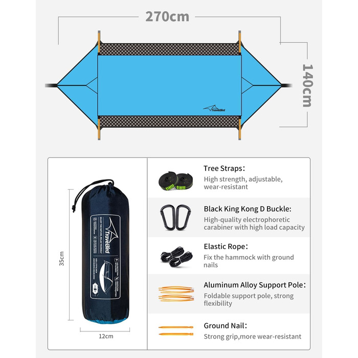 Гамак для кемпінгу 4-в-1 з москітною сіткою та знімним сонцезахистом, 290x140 см, для відпочинку на природі, пікніків, походів та подорожей, армійного кольору (106x55 см, блакитний)