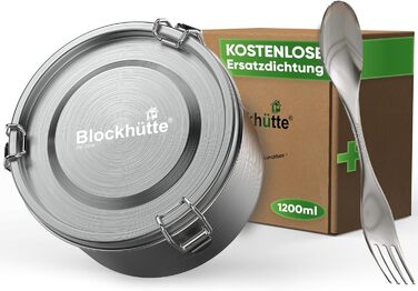 Blockhutte Premium Stainless Steel Lunchbox, Round, 1200ml, with Spoon and 2x Seal Set, Stainless Steel Leakproof Container, Stainless Steel Food Storage Container for Office Use, Freezer-Safe Stainless Steel Food Container