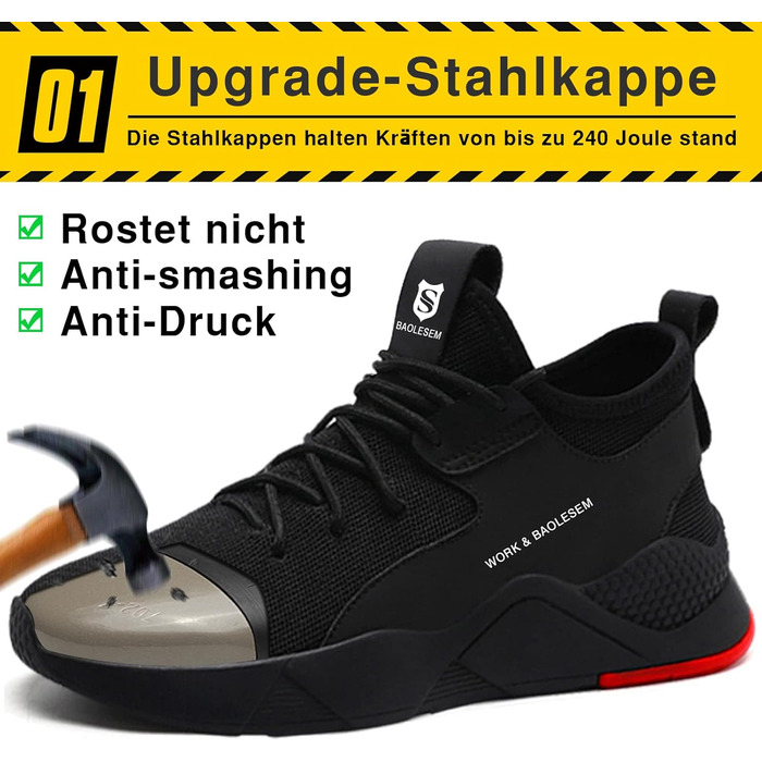 Черевики робочі BAOLESEM: спортивні, дихаючі, зі сталевим підноском, 45 EU, чорні