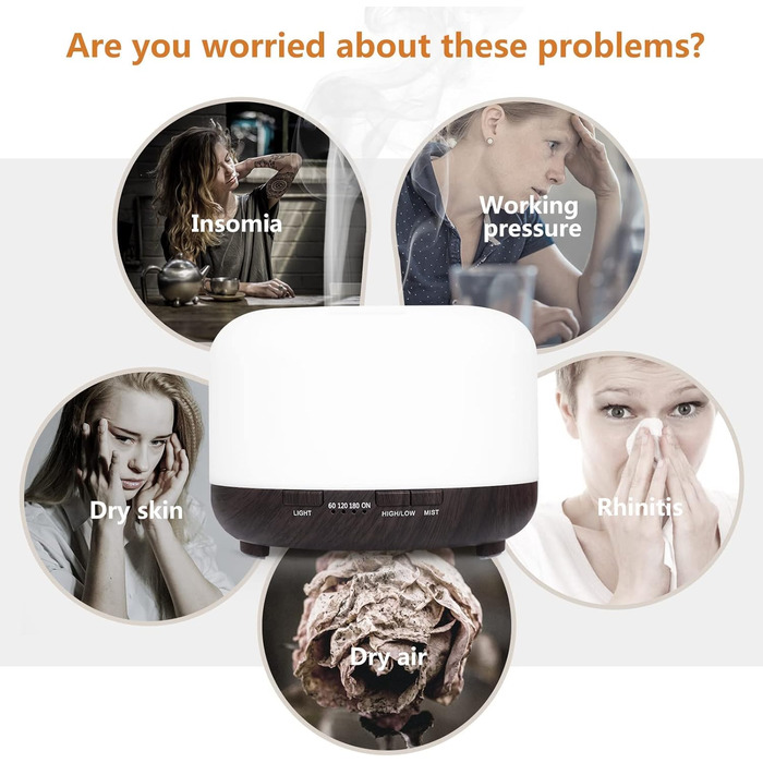 Аромадифузор Hianjoo 450мл з таймером, ультразвуковий, 7 кольорів LED, з пультом, для спа/офісу/йоги - темне дерево